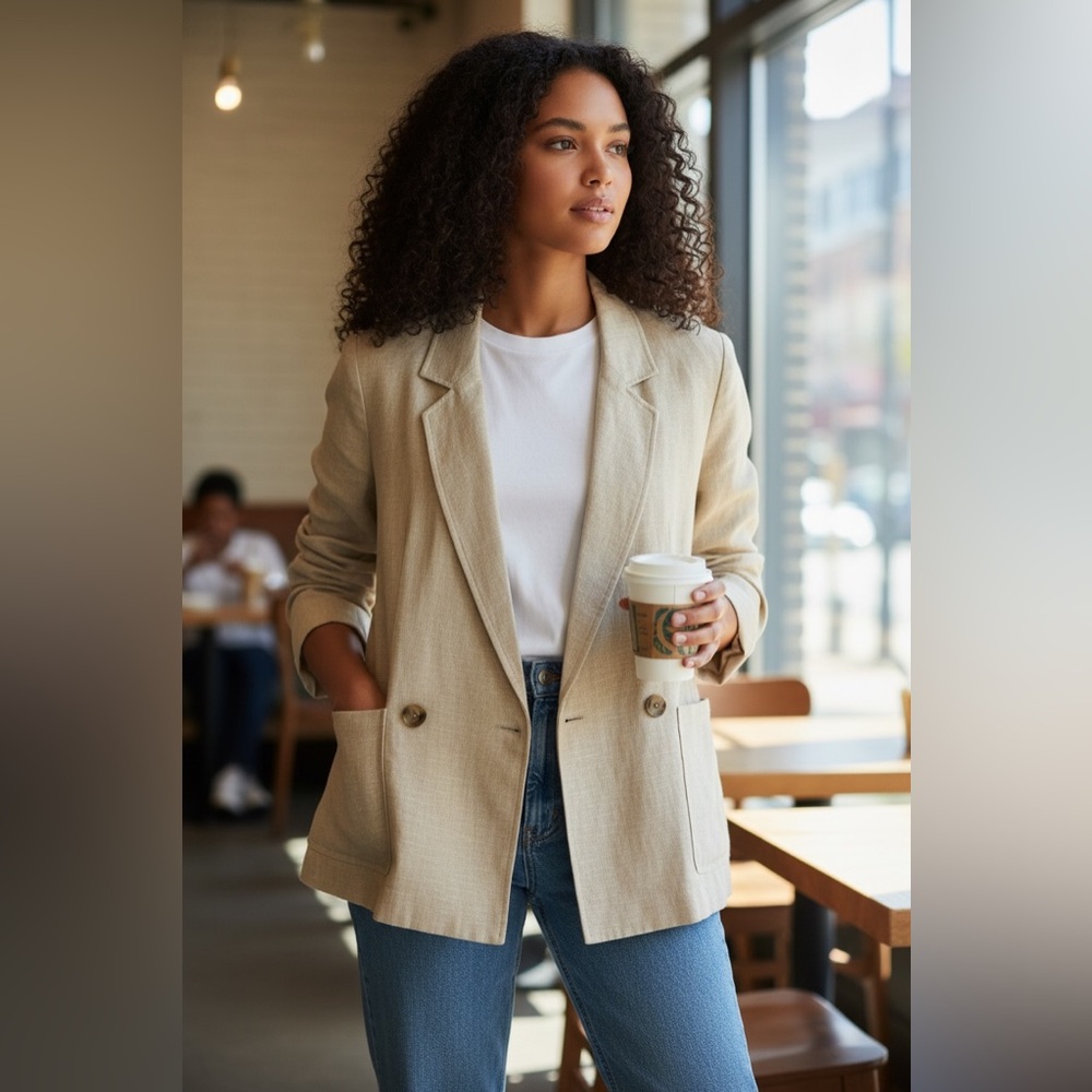 CHAUS 100% Linen Blazer Jacket Women Size 6 Beige Lightweight Classic - Picture 1 of 8